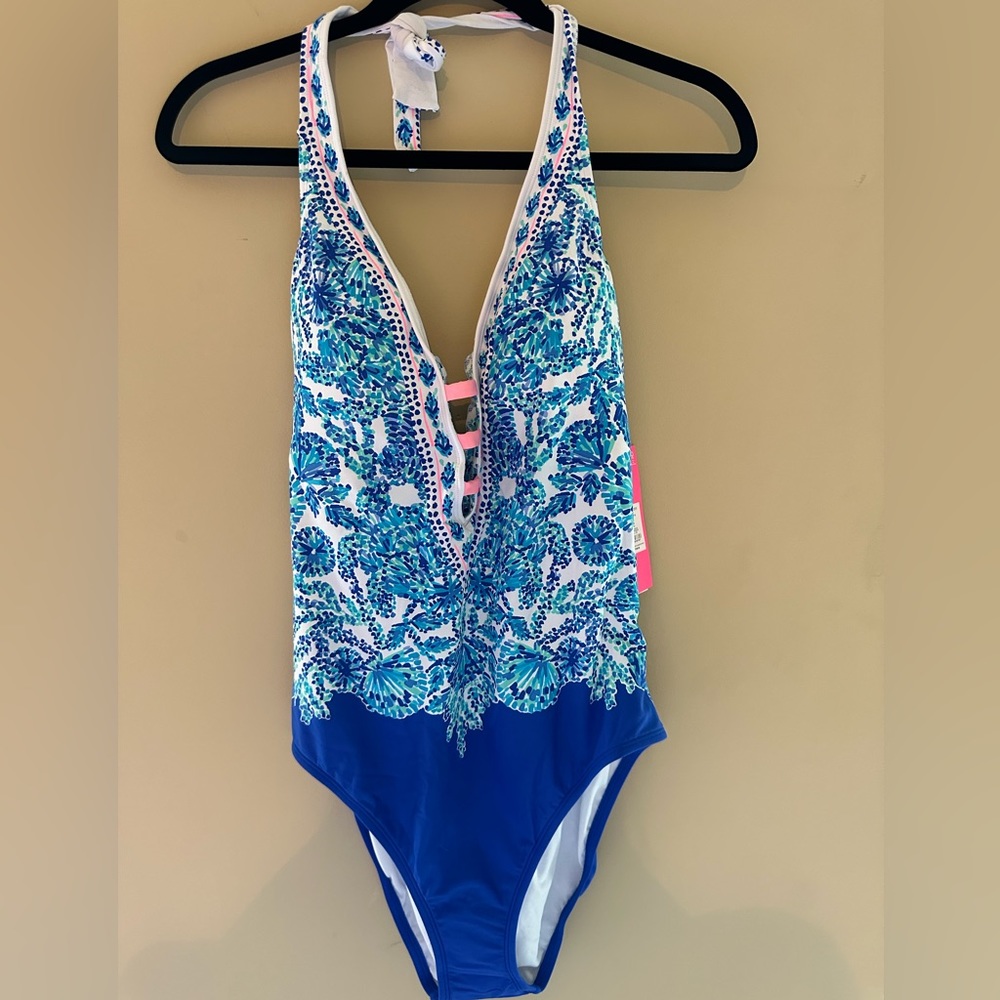 Lilly Pulitzer Loraline one piece swim in shell me you love me turquoise oasis